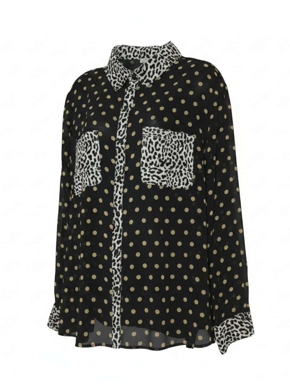 INC International Concepts Black Blouse with Gold Polka Dots and Leopard Trim XL